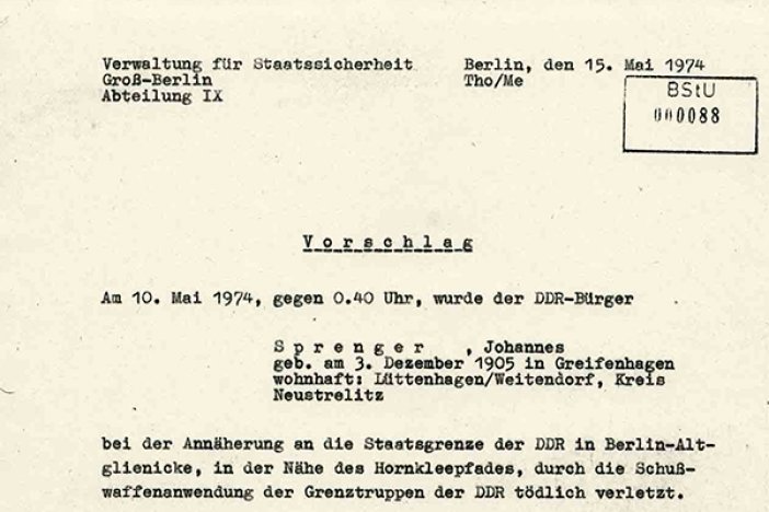Plan des MfS zur Verschleierung der Erschießung von Johannes Sprenger, 15. Mai 1974 Plan des MfS zur Verschleierung der Erschießung von Johannes Sprenger, 15. Mai 1974