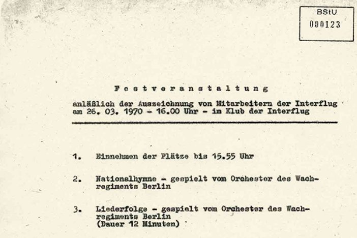 Christel und Eckhard Wehage: MfS-Plan der Festveranstaltung zur Auszeichnung des Flugpersonals, 26. März 1970 Christel und Eckhard Wehage: MfS-Plan der Festveranstaltung zur Auszeichnung des Flugpersonals, 26. März 1970