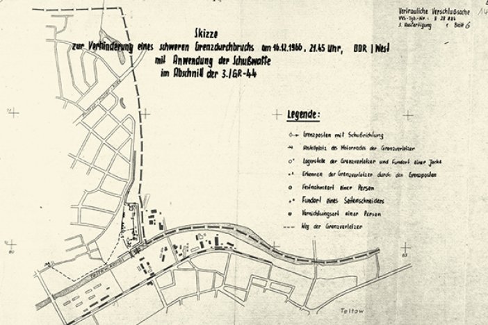 Tatortskizze der DDR-Grenztruppen zum Fluchtversuch von Karl-Heinz Kube und Detlev S., 16. Dezember 1966