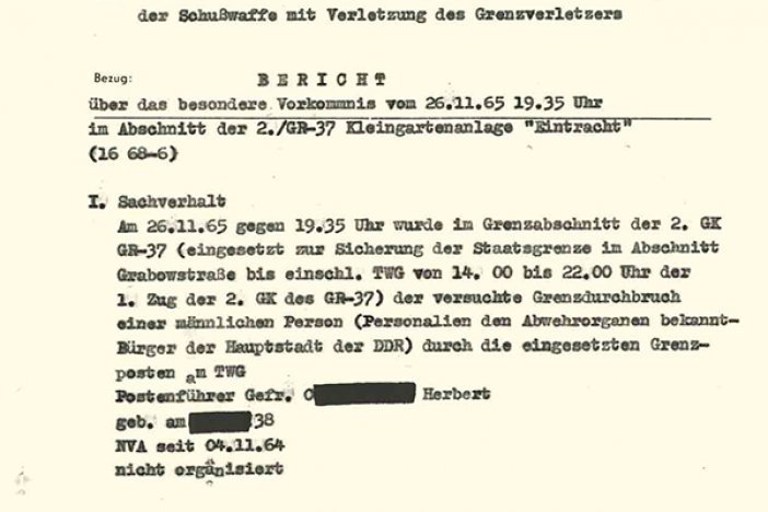 Bericht der DDR-Grenztruppen über den Fluchtversuch von Erich Kühn, 26. November 1965  Bericht der DDR-Grenztruppen über den Fluchtversuch von Erich Kühn, 26. November 1965