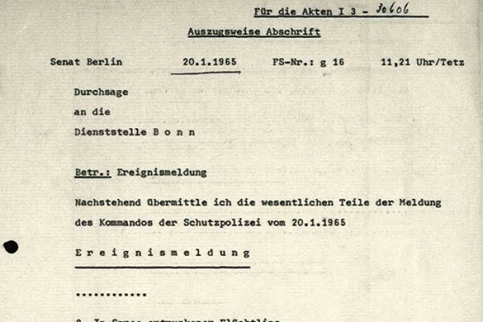 Meldung der West-Berliner Schutzpolizei über den Fluchtversuch eines unbekannten Flüchtlings, 20. Januar 1965 Meldung der West-Berliner Schutzpolizei über den Fluchtversuch eines unbekannten Flüchtlings, 20. Januar 1965