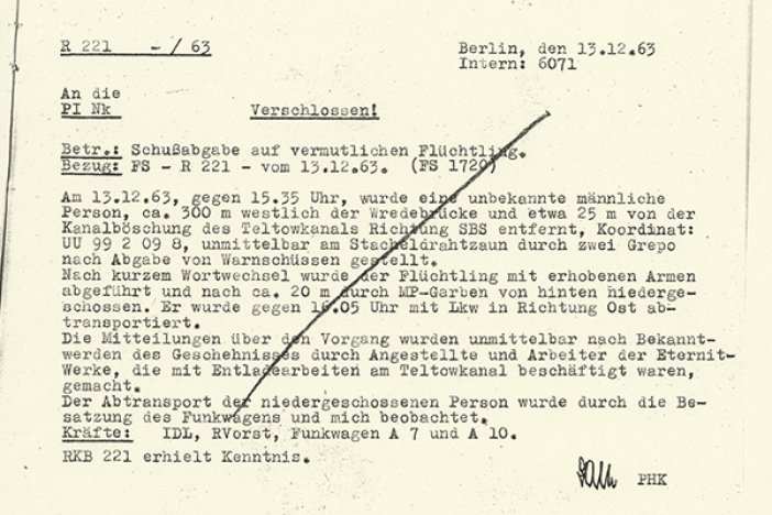 Vermerk der West-Berliner Polizei über die Schüsse auf Dieter Berger, 13. Dezember 1963 Vermerk der West-Berliner Polizei über die Schüsse auf Dieter Berger, 13. Dezember 1963