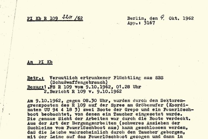 Meldung der West-Berliner Polizei über den Fluchtversuch und die Bergung von Anton Walzer, 9. Oktober 1962  Meldung der West-Berliner Polizei über den Fluchtversuch und die Bergung von Anton Walzer, 9. Oktober 1962