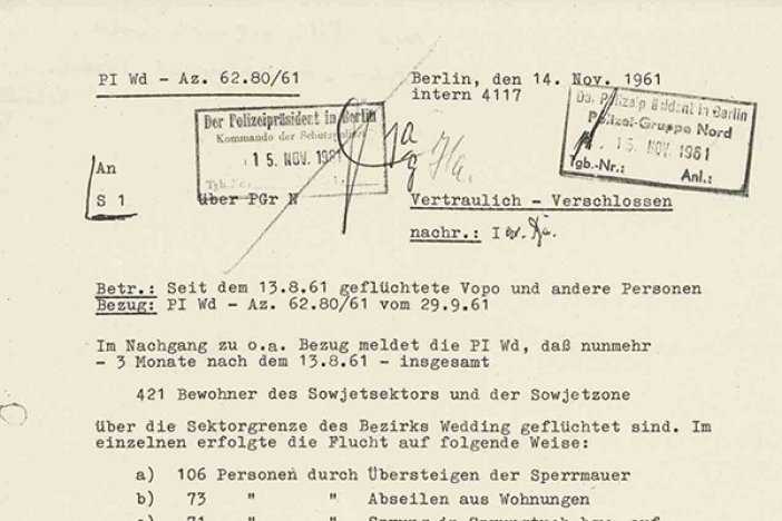 Rudolf Urban: Bericht der West-Berliner Polizei zur Fluchtentwicklung, 14. November 1961 Rudolf Urban: Bericht der West-Berliner Polizei zur Fluchtentwicklung, 14. November 1961