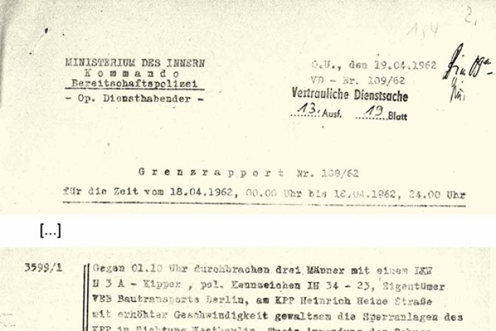 Meldung der DDR-Grenzpolizei über den Fluchtversuch und die Erschießung von Klaus Brueske, 19. April 1962 Meldung der DDR-Grenzpolizei über den Fluchtversuch und die Erschießung von Klaus Brueske, 19. April 1962
