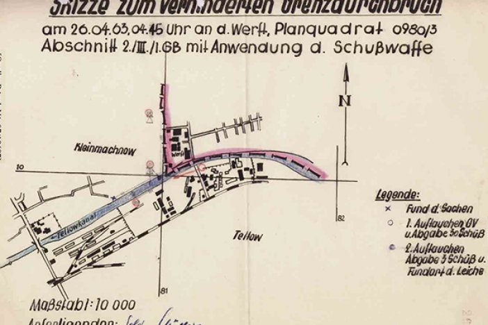 Peter Mädler: Skizze der DDR-Grenztruppen zum Fluchtversuch, 26. April 1963 Peter Mädler: Skizze der DDR-Grenztruppen zum Fluchtversuch, 26. April 1963