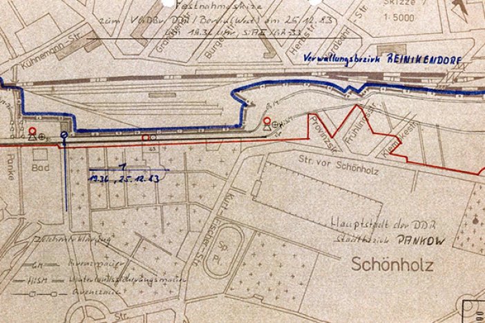 Tatortskizze der DDR-Grenztruppen zum Fluchtversuch und zur Erschießung von Silvio Proksch, 27. Dezember 1983 Tatortskizze der DDR-Grenztruppen zum Fluchtversuch und zur Erschießung von Silvio Proksch, 27. Dezember 1983