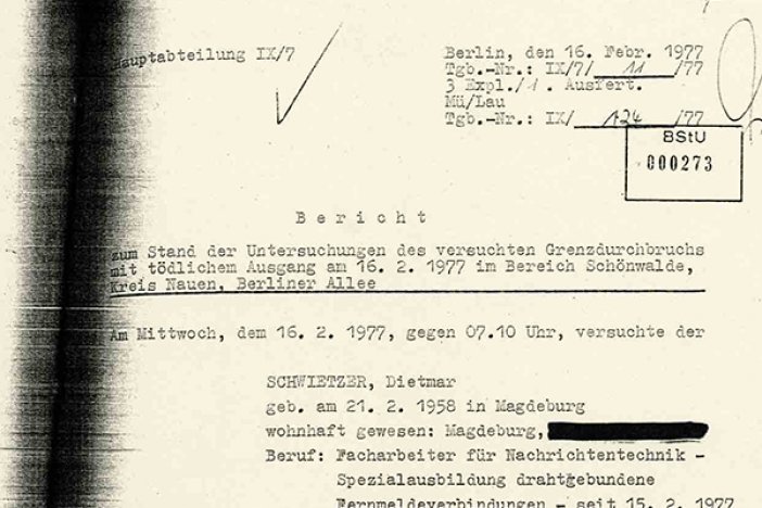 MfS-Bericht an Minister Erich Mielke über den Fluchtversuch und die Erschießung von Dietmar Schwietzer, 16. Februar 1977 MfS-Bericht an Minister Erich Mielke über den Fluchtversuch und die Erschießung von Dietmar Schwietzer, 16. Februar 1977