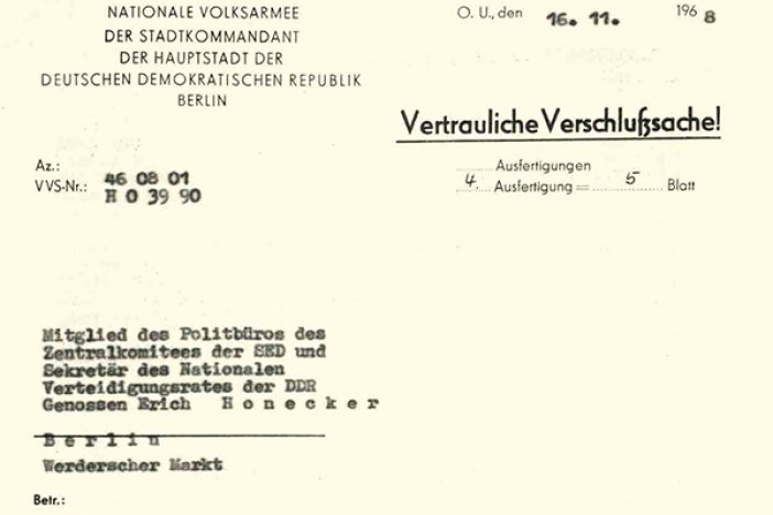 Rolf Henniger: Bericht des NVA-Stadtkommandanten Poppe an SED-Politbüromitglied Erich Honecker, 16. November 1968 Rolf Henniger: Bericht des NVA-Stadtkommandanten Poppe an SED-Politbüromitglied Erich Honecker, 16. November 1968