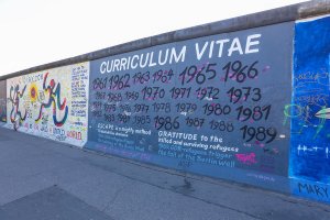 Die "East Side Gallery" als längste denkmalgeschützte Leinwand der Welt, hier exemplarisch das Werk "Curriculum Vitae" von Susanne Kunjappu-Jellinek; Aufnahme 2015
