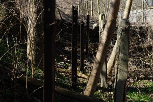 Beton- und Eisenpfosten des Hinterlandsicherungssystems der DDR-Grenzanlagen zwischen Teltow-Seehof und Berlin-Lichterfelde (2); Aufnahme 2015