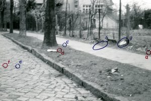 Peter Hauptmann, angeschossen an der Berliner Mauer und an den Folgen gestorben: Tatort in Potsdam-Babelsberg mit eingezeichneten Spuren des Tatgeschehens, 24. April 1965