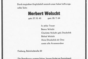 Norbert Wolscht, ertrunken im Berliner Grenzgewässer: Todesanzeige (Juli 1964)