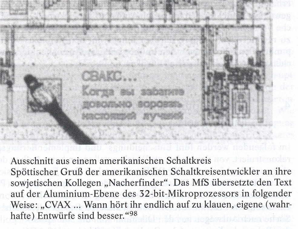 Detail of an American circuit board with a mocking greeting to the Soviet "re-inventors"  (translated by the Ministry for Security as "CVAX - When will you finally stop stealing, it’s better to come up with your own (true) designs."