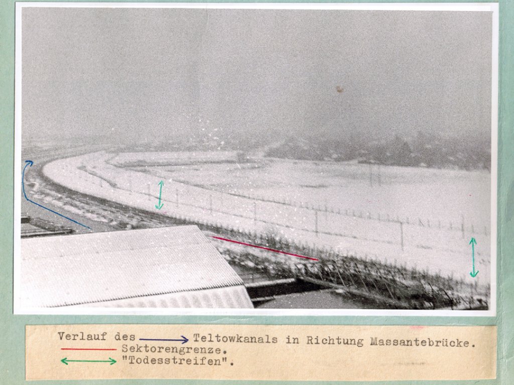 Dieter Berger, shot dead at the Berlin Wall: West Berlin police crime site photo of the course of the border along the Teltow Canal [Dec. 13, 1963]