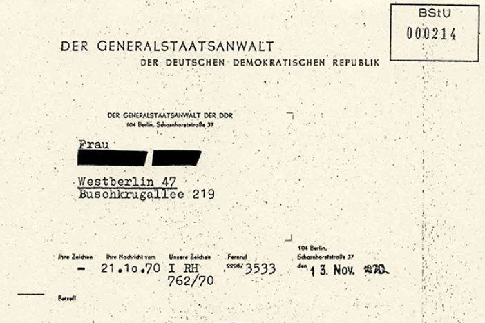 Mitteilung des DDR-Generalstaatsanwaltes an die Ehefrau von Gerald Thiem, 13. November 1970 Mitteilung des DDR-Generalstaatsanwaltes an die Ehefrau von Gerald Thiem, 13. November 1970