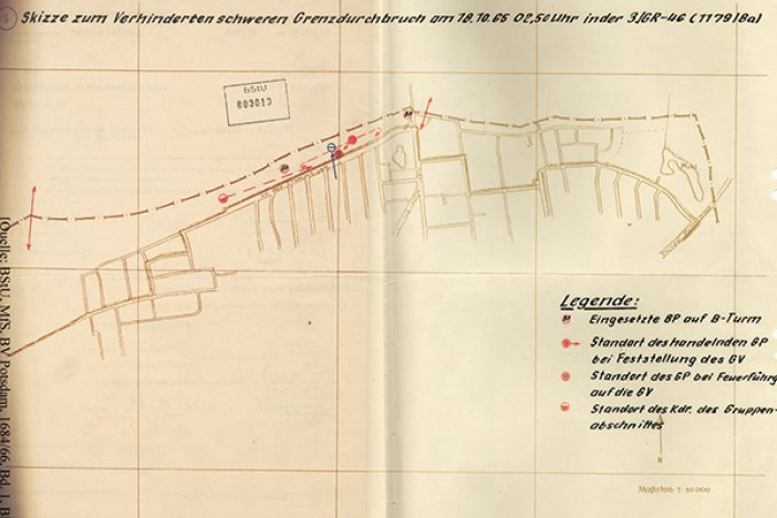 Tatortskizze der DDR-Grenztruppen zum Fluchtversuch von Walter Kittel und Eberhardt K., 18. Oktober 1965