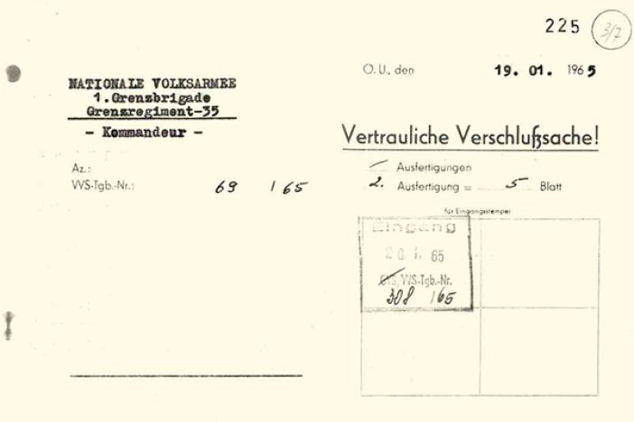 Bericht der DDR-Grenztruppen über den Fluchtversuch eines unbekannten Flüchtlings, 19. Januar 1965 Bericht der DDR-Grenztruppen über den Fluchtversuch eines unbekannten Flüchtlings, 19. Januar 1965