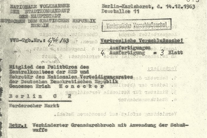 Bericht des NVA-Stadtkommandanten Poppe an Erich Honecker über den vermeintlichen Fluchtversuch von Dieter Berger, 14. Dezember 1963 Bericht des NVA-Stadtkommandanten Poppe an Erich Honecker über den vermeintlichen Fluchtversuch von Dieter Berger, 14. Dezember 1963