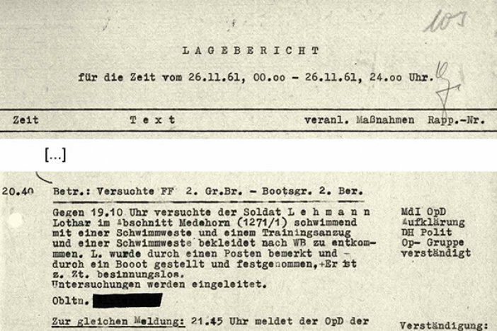 Bericht der DDR-Grenzpolizei über den Fluchtversuch von Lothar Lehmann, 27. November 1961  Bericht der DDR-Grenzpolizei über den Fluchtversuch von Lothar Lehmann, 27. November 1961
