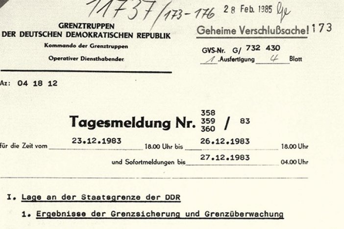Meldung der DDR-Grenztruppen über den Fluchtversuch und die Erschießung von Silvio Proksch, 27. Dezember 1983 Meldung der DDR-Grenztruppen über den Fluchtversuch und die Erschießung von Silvio Proksch, 27. Dezember 1983