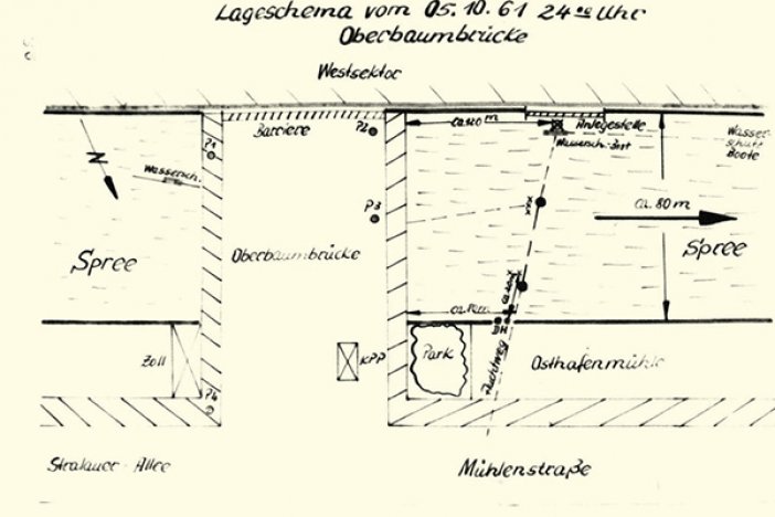 Tatortskizze der DDR-Grenzpolizei zum Fluchtversuch von Udo Düllick, 5. Oktober 1961 Tatortskizze der DDR-Grenzpolizei zum Fluchtversuch von Udo Düllick, 5. Oktober 1961