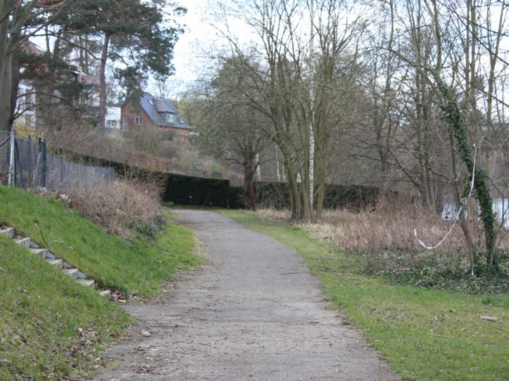 Verriegelung: Anwohner sperren seit 2009 den früheren Kolonnenweg der DDR-Grenzanlagen am Griebnitzsee in Potsdam-Babelsberg, hier mit einer Hecke; Aufnahme 2015