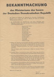 Bekanntmachung des Ministeriums des Innern der DDR über die Sperrung der Sektorengrenze; 12. August 1961