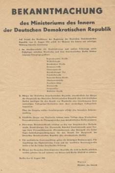 Bekanntmachung des Ministeriums des Innern der DDR über die Sperrung der Sektorengrenze; 12. August 1961