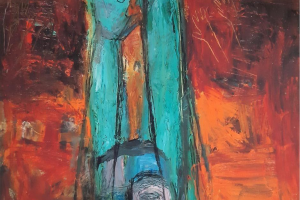 Mit groben Pinselstrichen gemalter Kopf und erhobene Arme einer abstrahierten grünblauen Figur vor leuchtend orange-rotem Hintergrund.