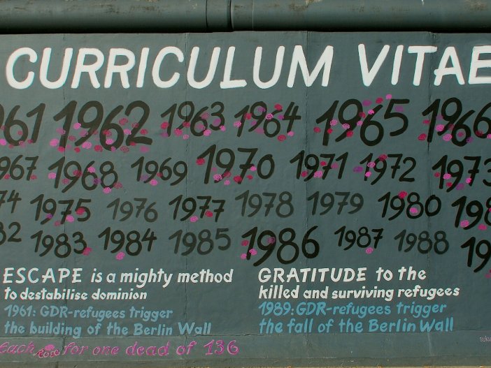 The mural "Curriculam Vitae" by Susanne Kunjappu-Jellinek at the East Side Gallery, 2009 Photo of the artwork. Under the title and the dates of 1961 to 1989 states: Escape is a mighty method to destabilise dominion. 1961: GDR-refugees trigger the building of the Berlin Wall. Each rose for one dead of 136.